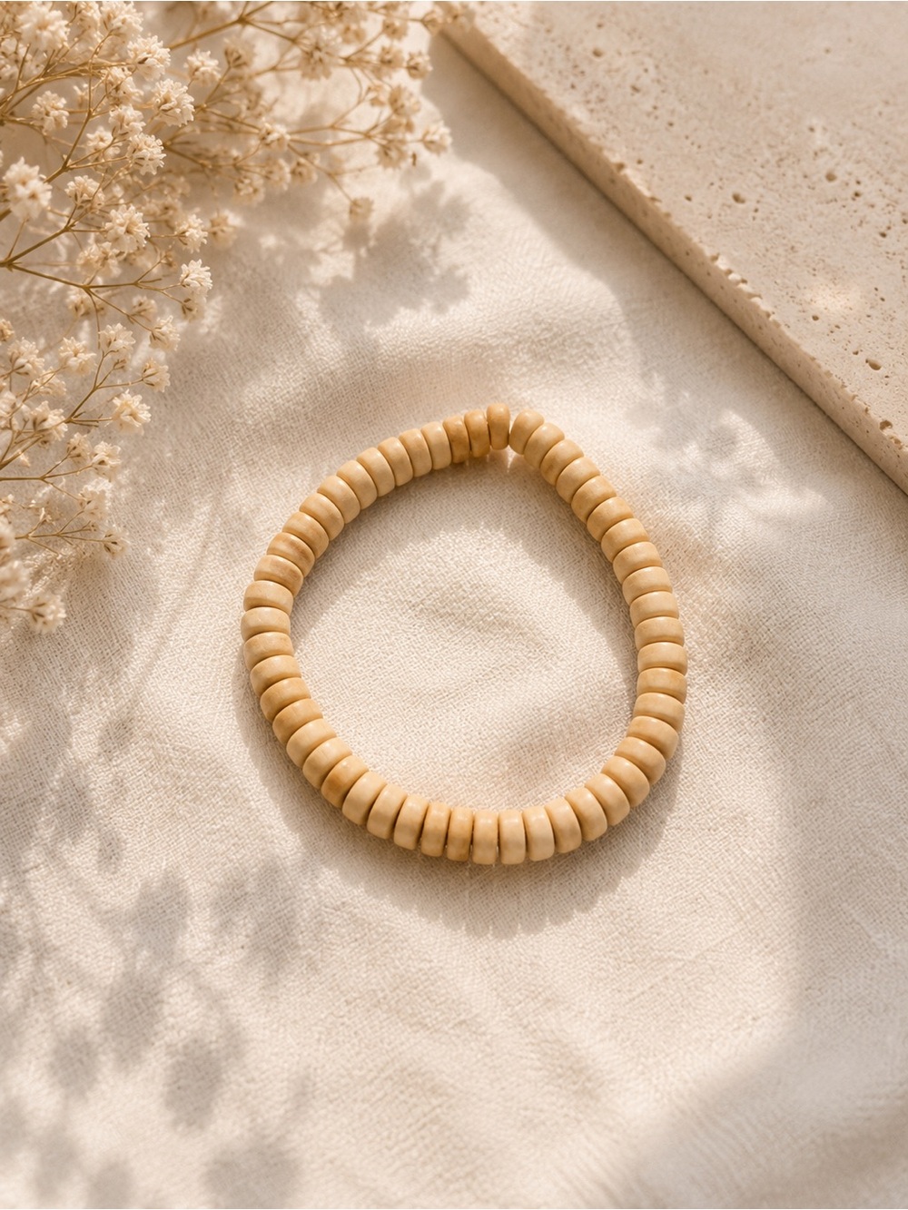 Natural Wood Bead Stretch Bracelet - Beige